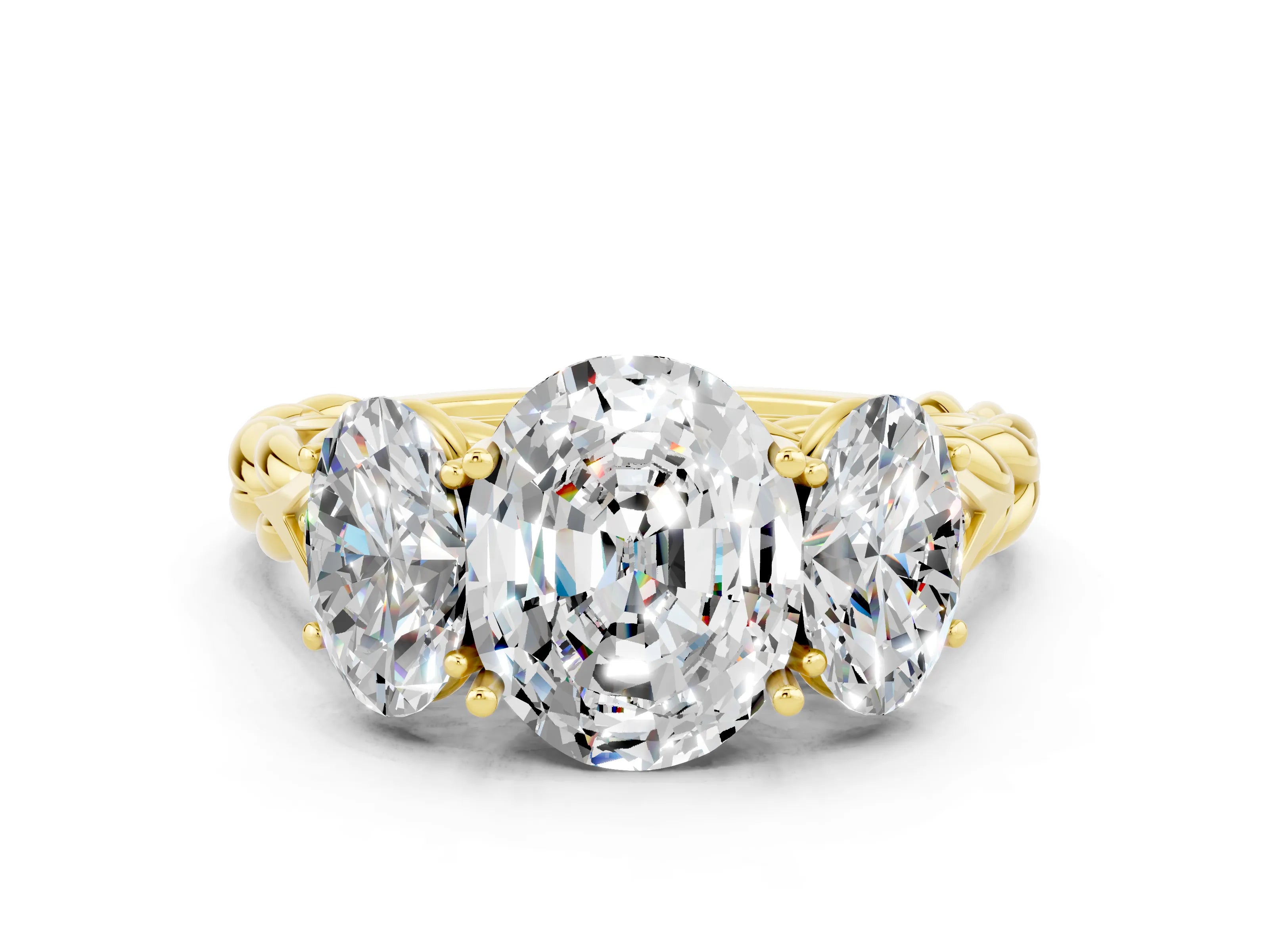 Yellow gold Three-Stone Oval Cut Moissanite Braided Band Ring with Four-Prong Setting_12
