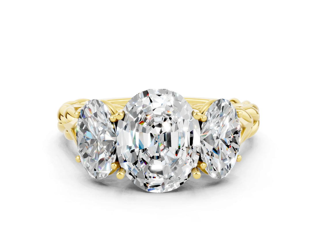 Yellow gold Three-Stone Oval Cut Moissanite Braided Band Ring with Four-Prong Setting_12