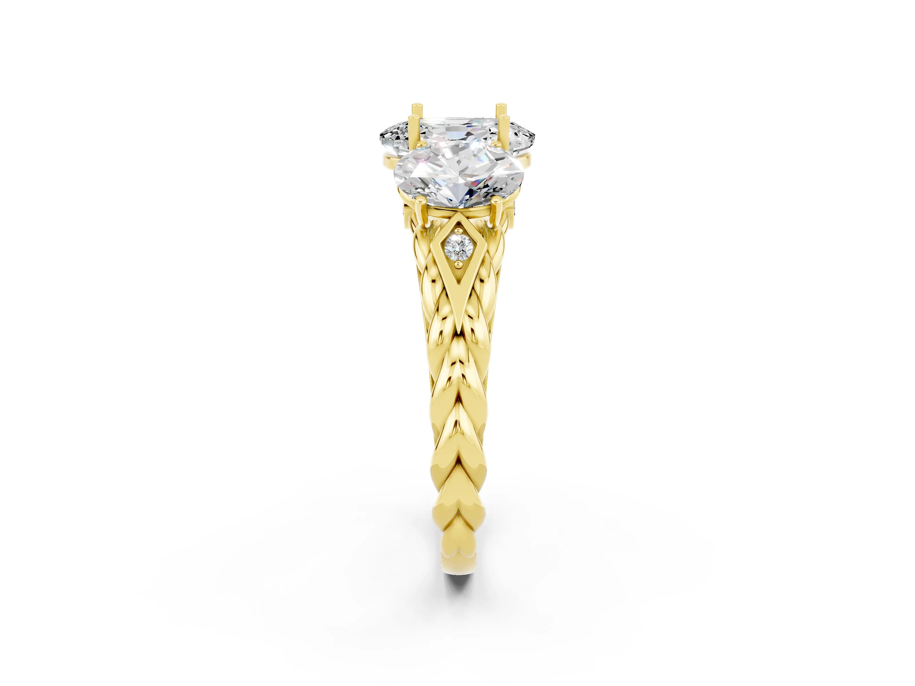 Yellow gold Three-Stone Oval Cut Moissanite Braided Band Ring with Four-Prong Setting_14