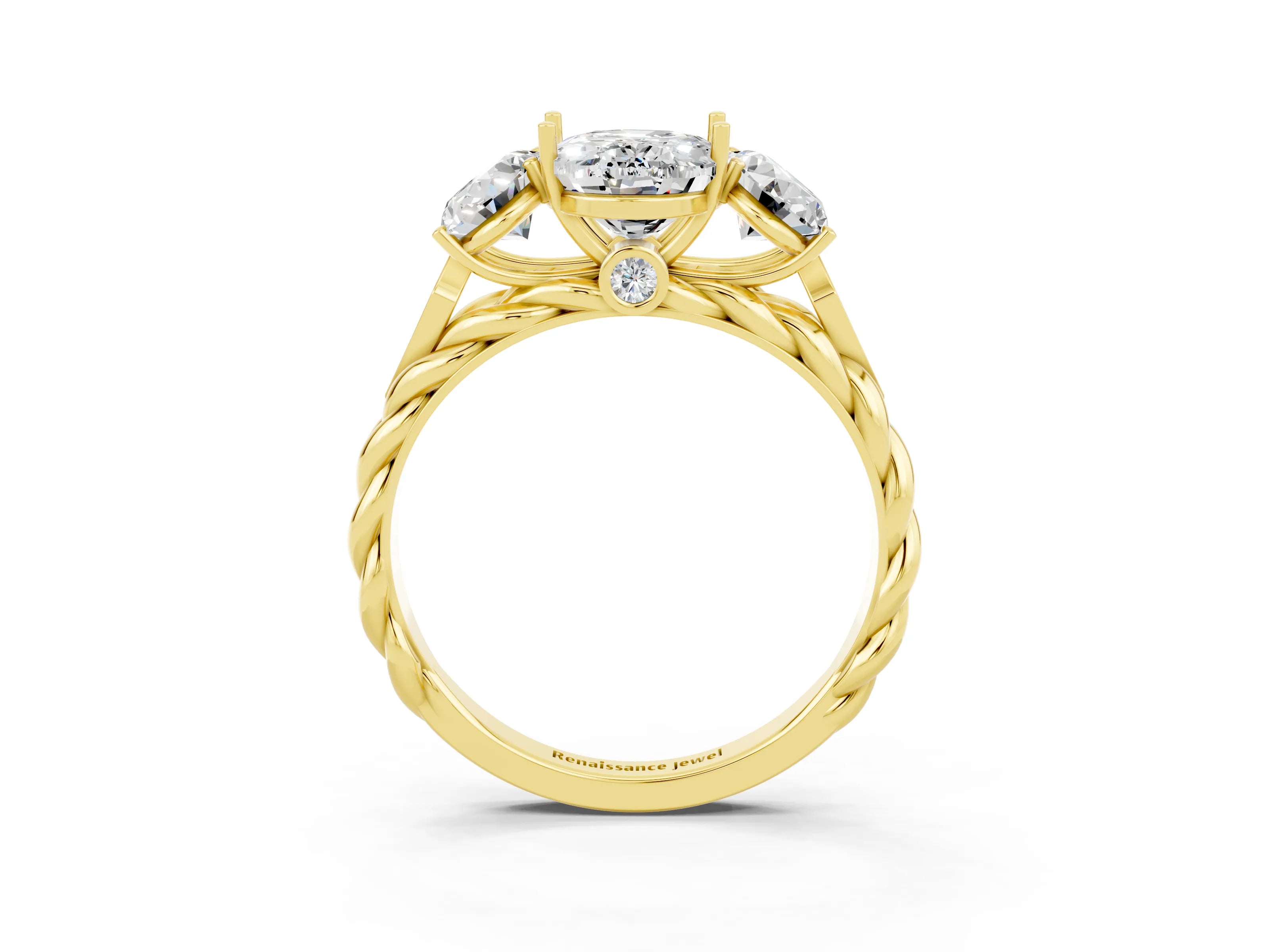 Yellow gold Three-Stone Oval Cut Moissanite Braided Band Ring with Four-Prong Setting_15