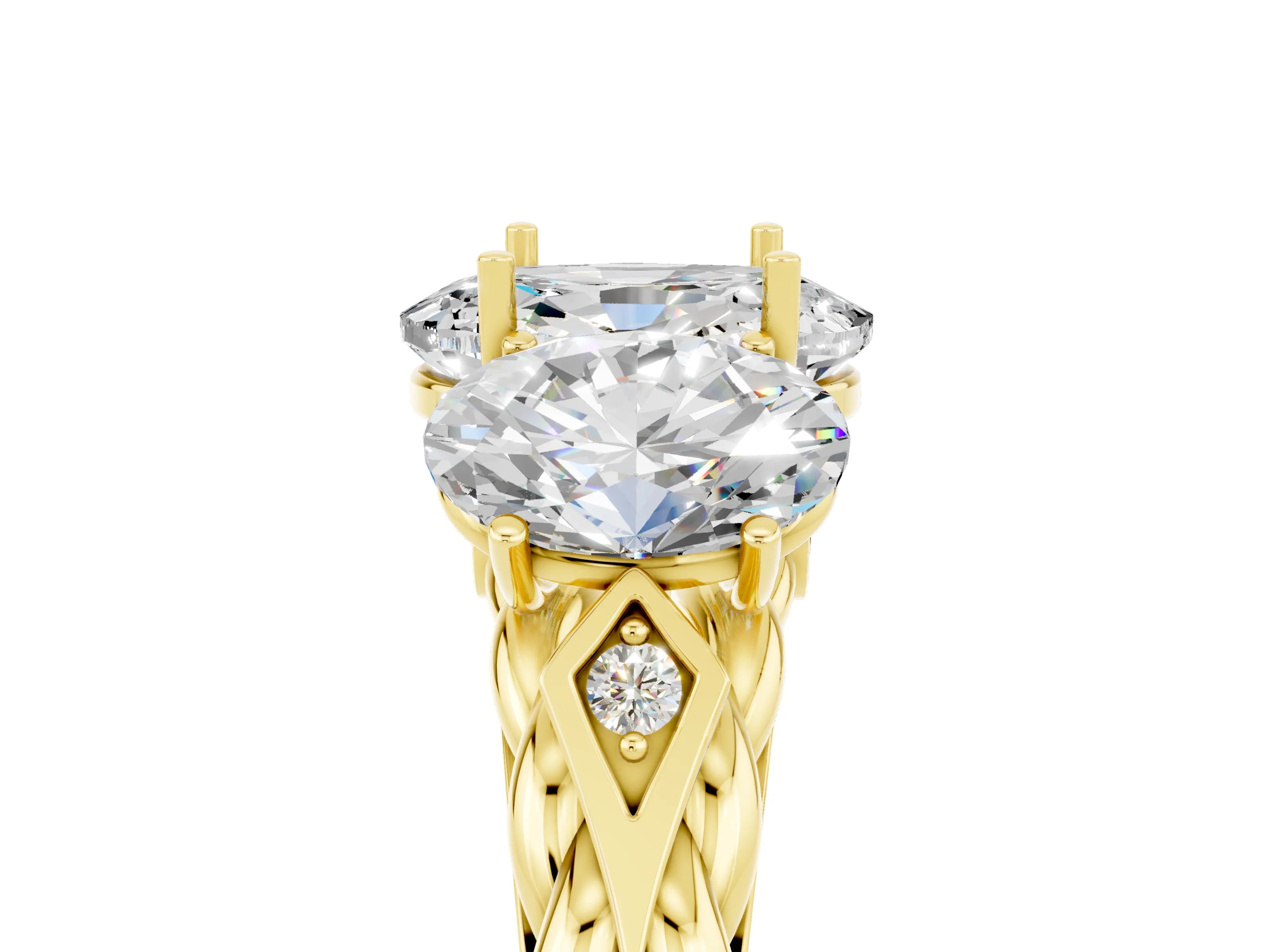 Yellow gold Three-Stone Oval Cut Moissanite Braided Band Ring with Four-Prong Setting_17