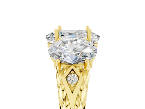 Yellow gold Three-Stone Oval Cut Moissanite Braided Band Ring with Four-Prong Setting_17