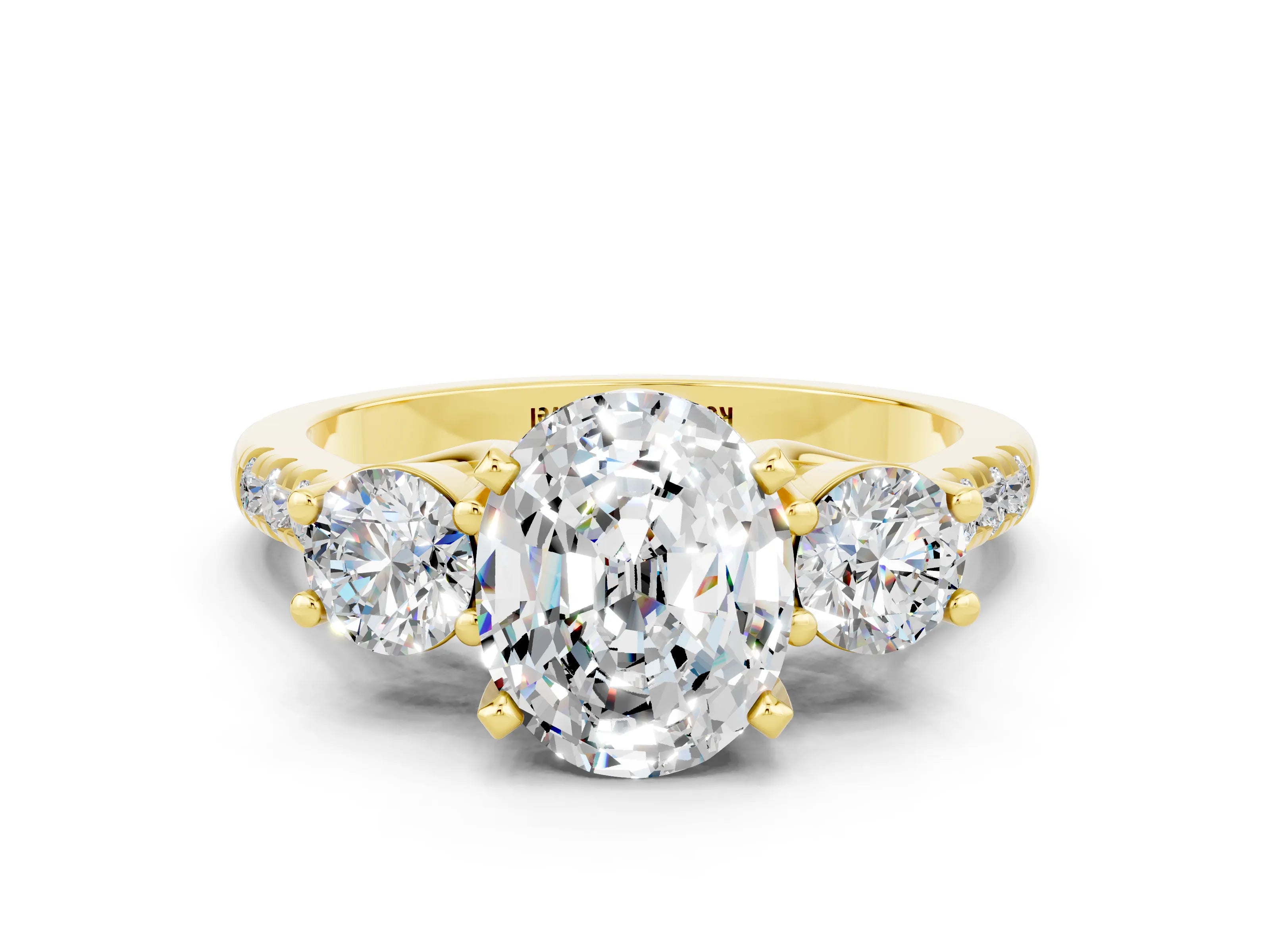 Yellow gold Three-Stone Oval Cut Moissanite Pavé Band with Four-Prong Setting