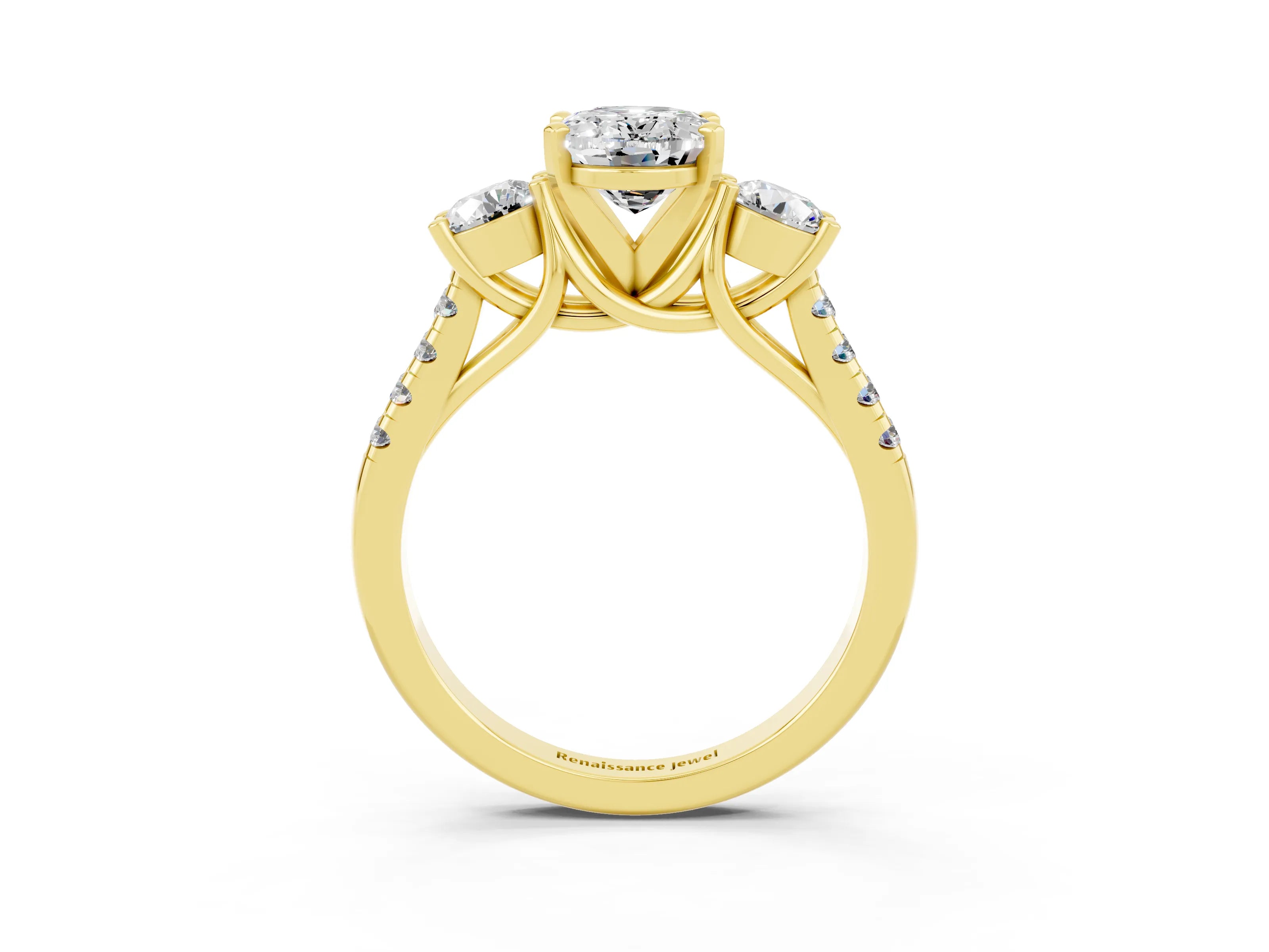 Yellow gold Three-Stone Oval Cut Moissanite Pavé Band with Four-Prong Setting_3