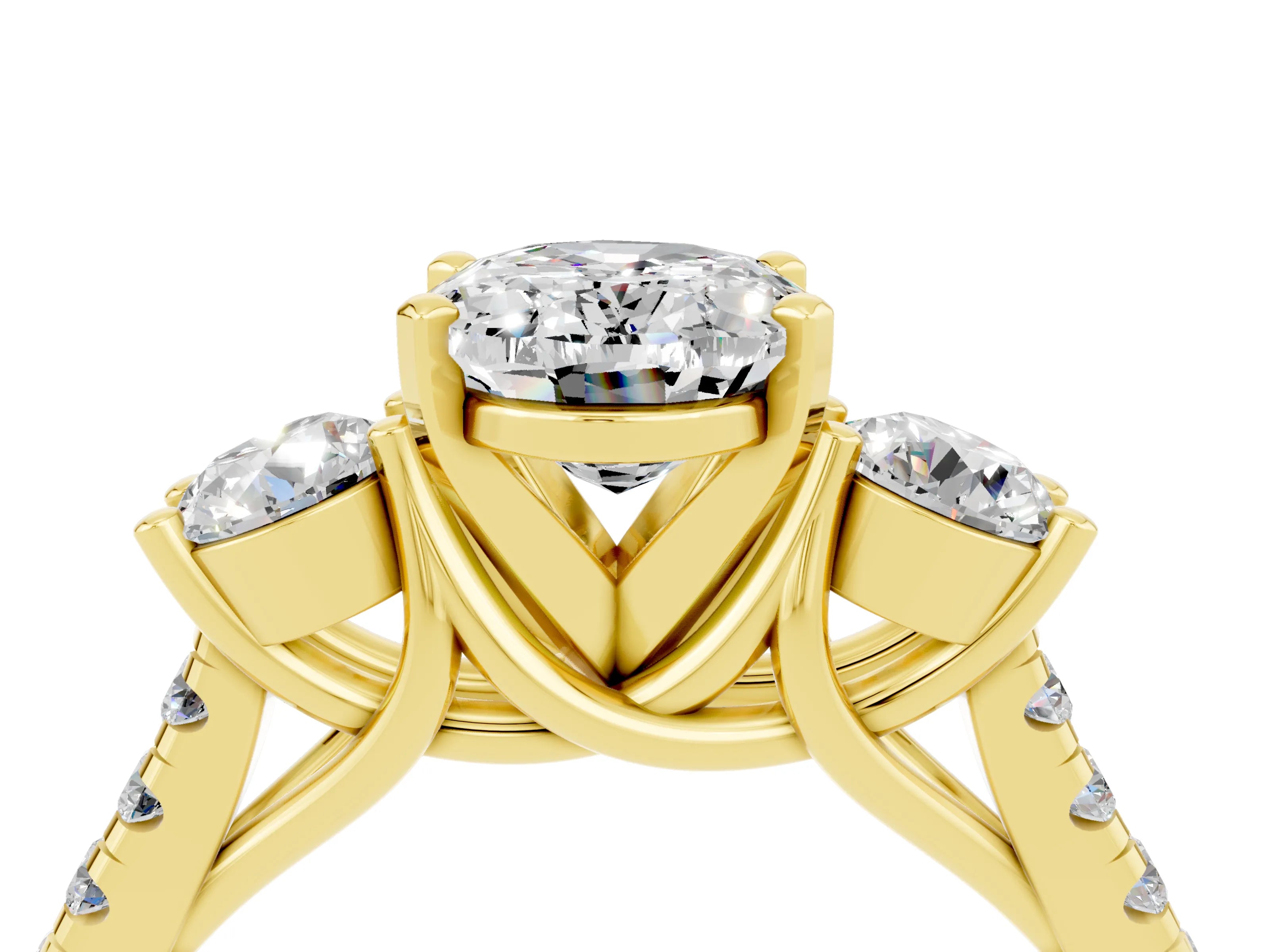 Yellow gold Three-Stone Oval Cut Moissanite Pavé Band with Four-Prong Setting_4