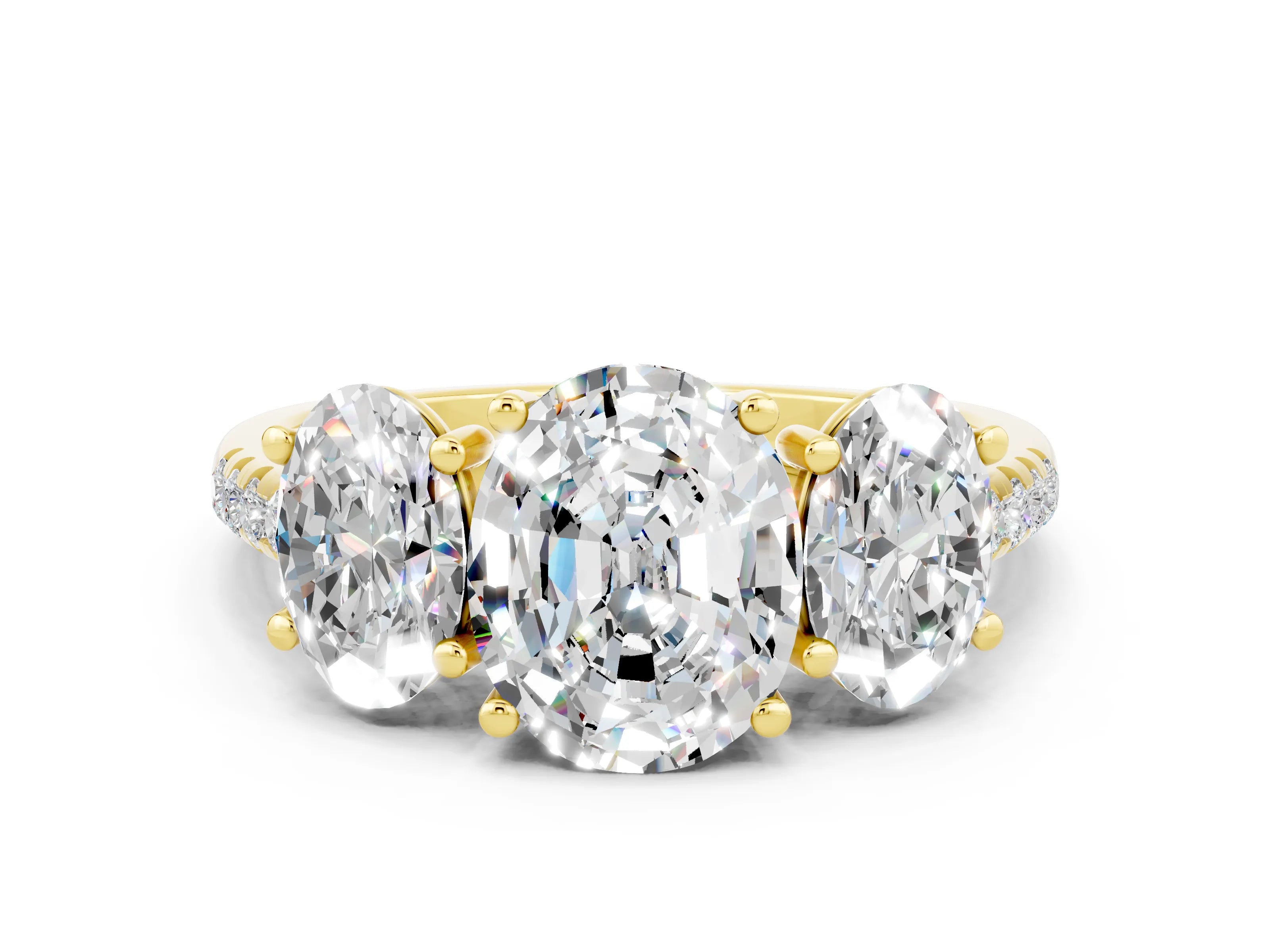 Yellow gold Three-Stone Oval Cut Moissanite Ring with Pavé Band and Prong Setting_12