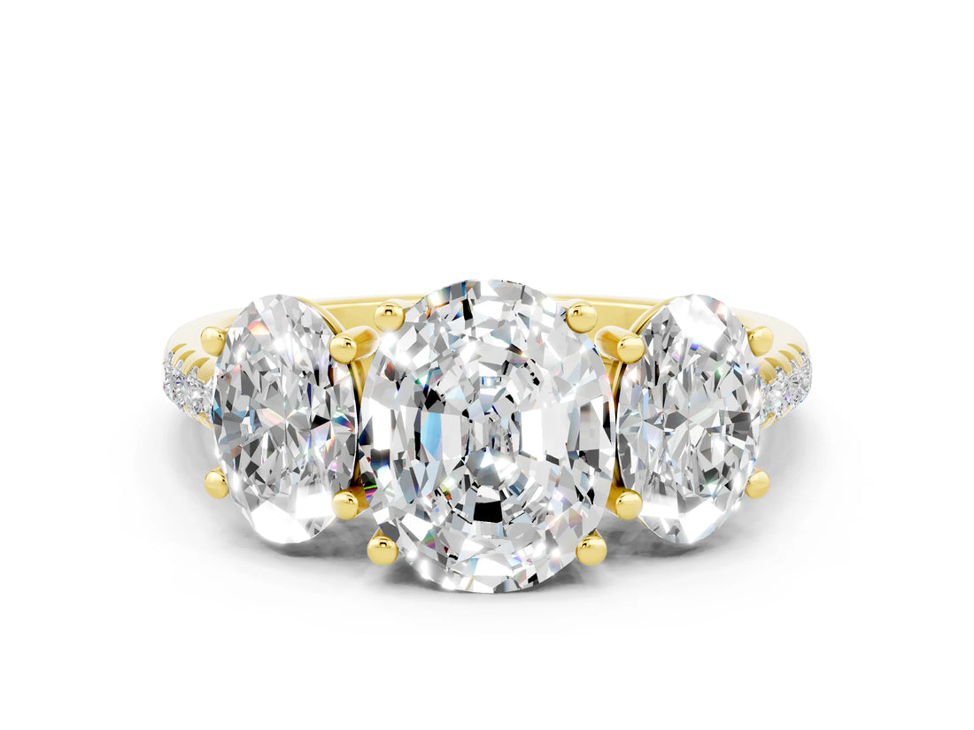 Yellow gold Three-Stone Oval Cut Moissanite Ring with Pavé Band and Prong Setting_12