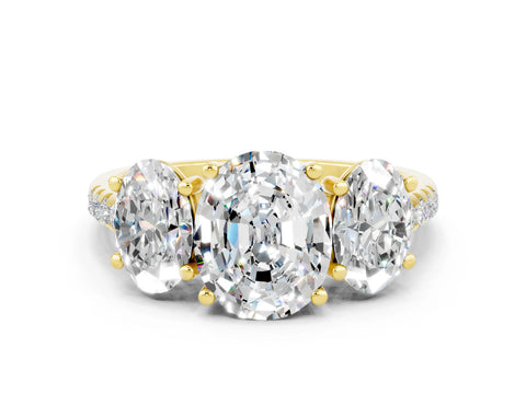 Yellow gold Three-Stone Oval Cut Moissanite Ring with Pavé Band and Prong Setting_12