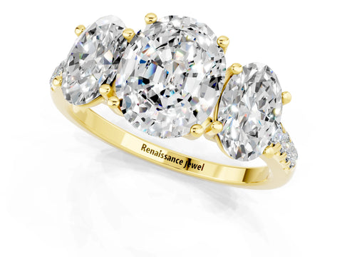 Yellow gold Three-Stone Oval Cut Moissanite Ring with Pavé Band and Prong Setting_13