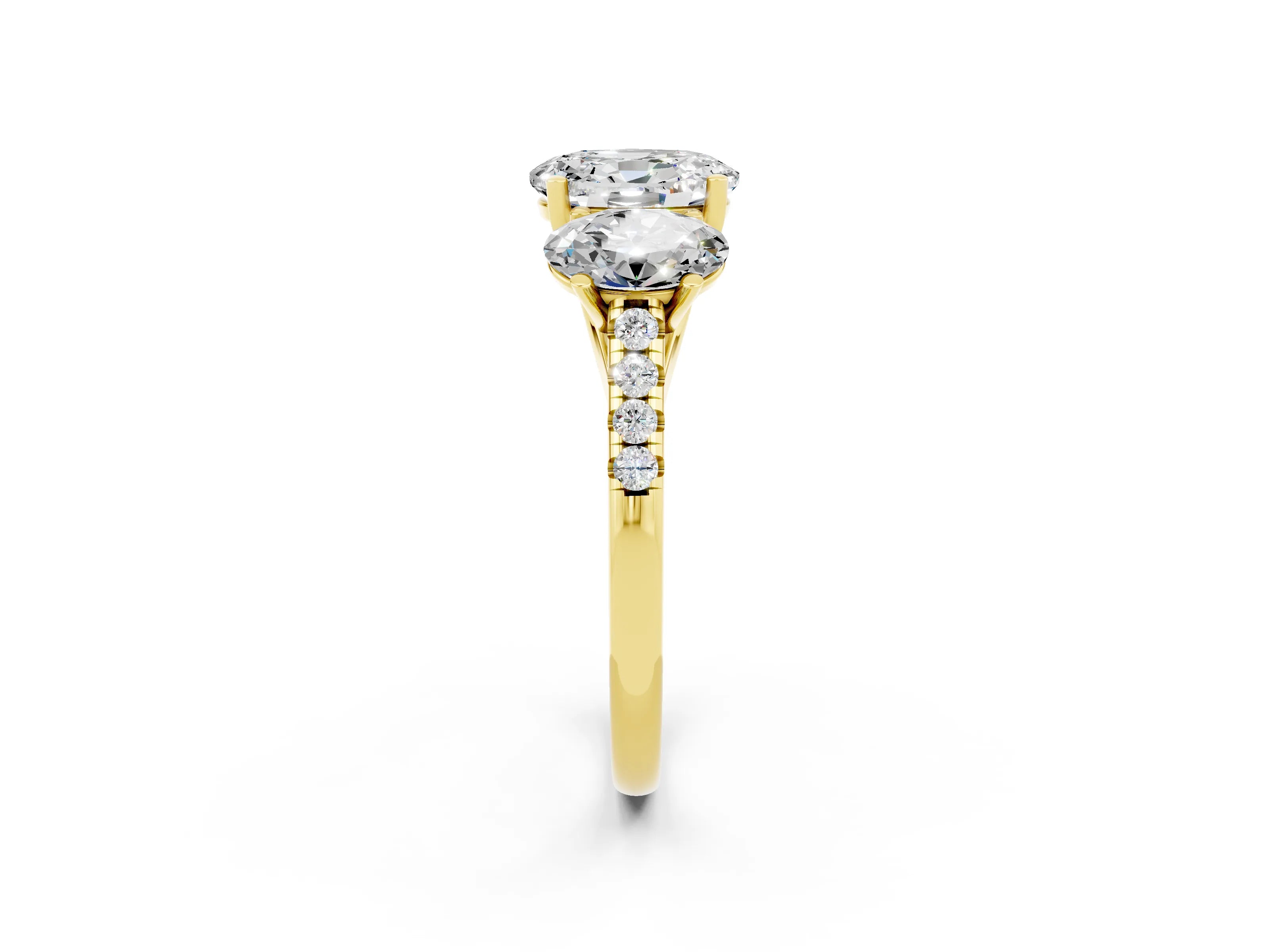 Yellow gold Three-Stone Oval Cut Moissanite Ring with Pavé Band and Prong Setting_14