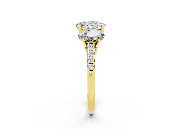Yellow gold Three-Stone Oval Cut Moissanite Ring with Round  Pavé Band and Prong Setting