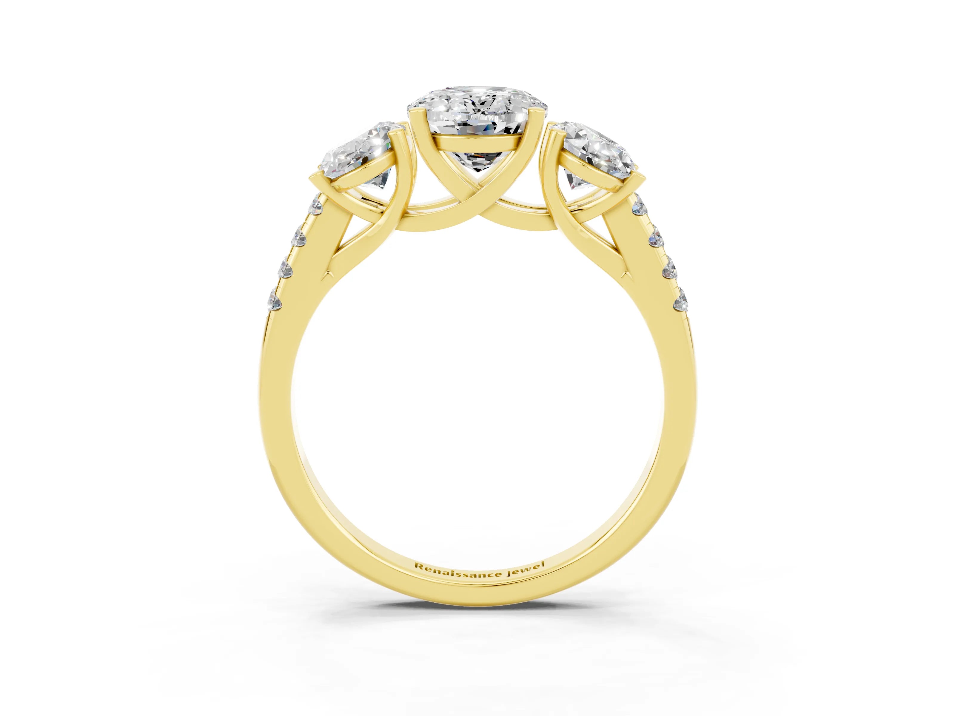 Yellow gold Three-Stone Oval Cut Moissanite Ring with Pavé Band and Prong Setting_15
