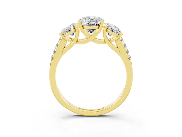 Yellow gold Three-Stone Oval Cut Moissanite Ring with Round  Pavé Band and Prong Setting