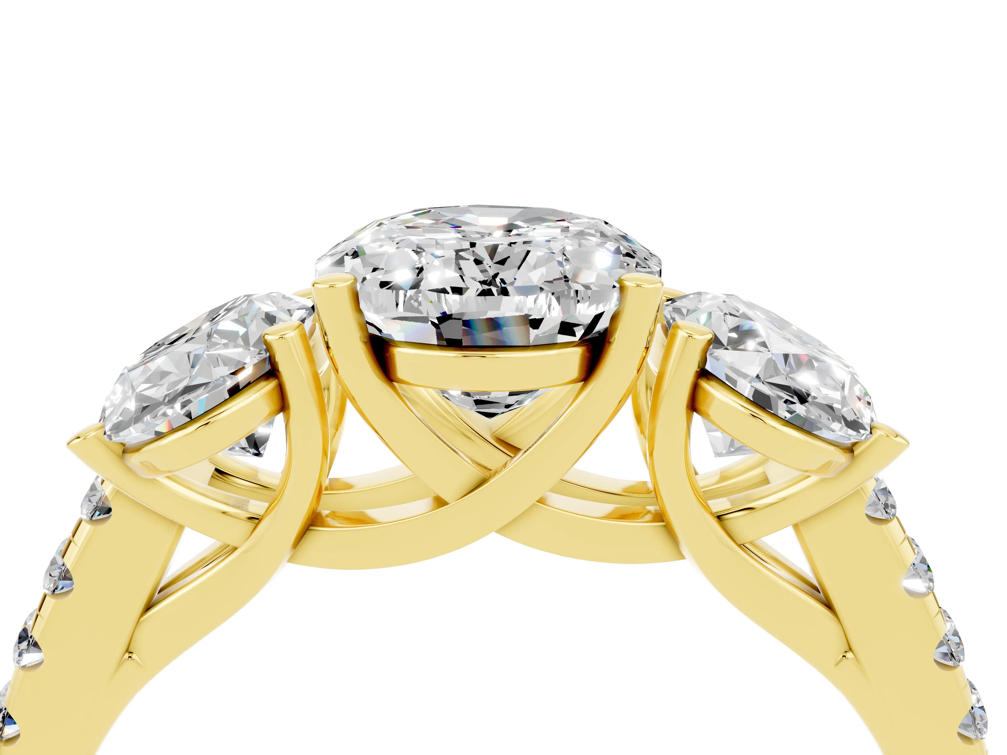 Yellow gold Three-Stone Oval Cut Moissanite Ring with Pavé Band and Prong Setting_16