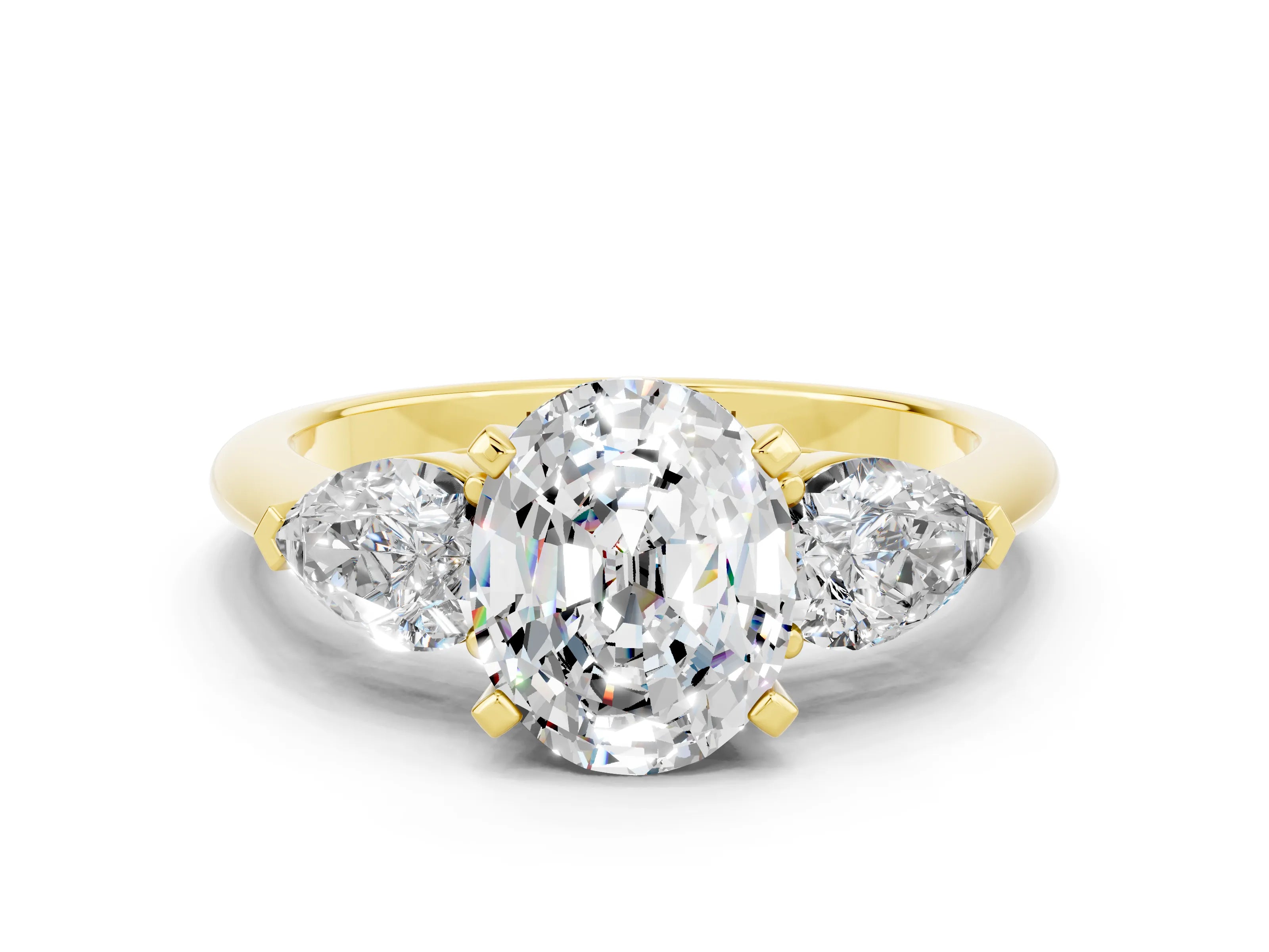 Yellow gold Three-Stone Oval Cut Moissanite Ring with Pear Side Stones and Four-Prong Setting
