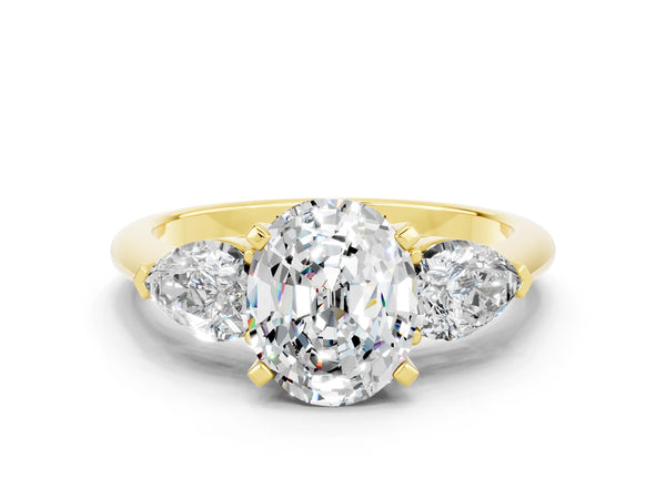 Yellow gold Three-Stone Oval Cut Moissanite Ring with Pear Side Stones and Four-Prong Setting