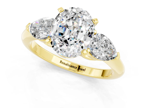 Yellow gold Three-Stone Oval Cut Moissanite Ring with Pear Side Stones and Four-Prong Setting