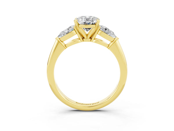 Yellow gold Three-Stone Oval Cut Moissanite Ring with Pear Side Stones and Four-Prong Setting
