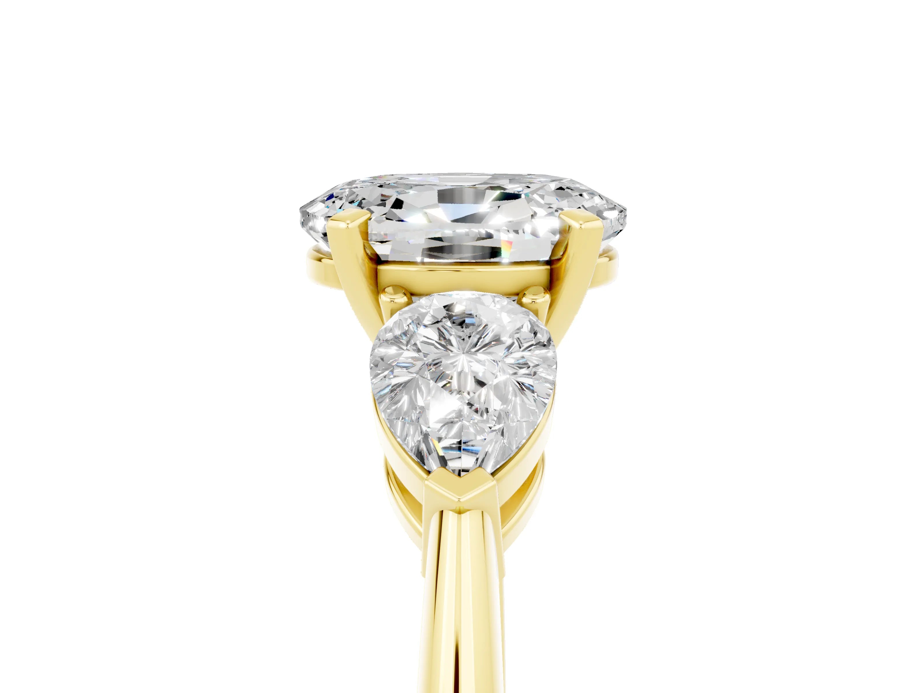 Yellow gold Three-Stone Oval Cut Moissanite Ring with Pear Side Stones and Four-Prong Setting_5