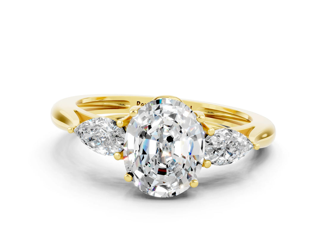 Yellow gold Three-Stone Oval Cut Moissanite Ring with Pear  Side Stones in Four-Prong Setting_12