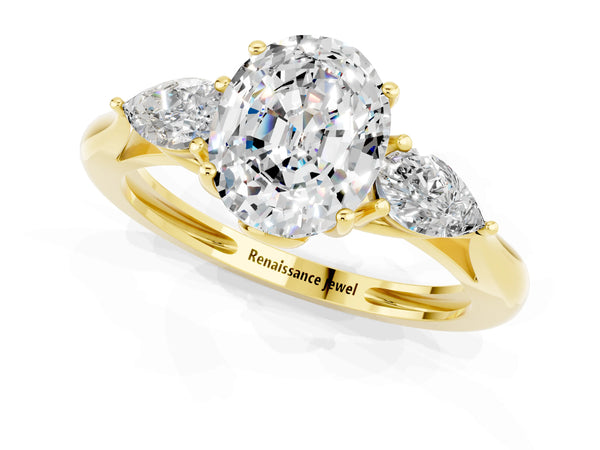 Yellow gold Three-Stone Oval Cut Moissanite Ring with Pear  Side Stones in Four-Prong Setting
