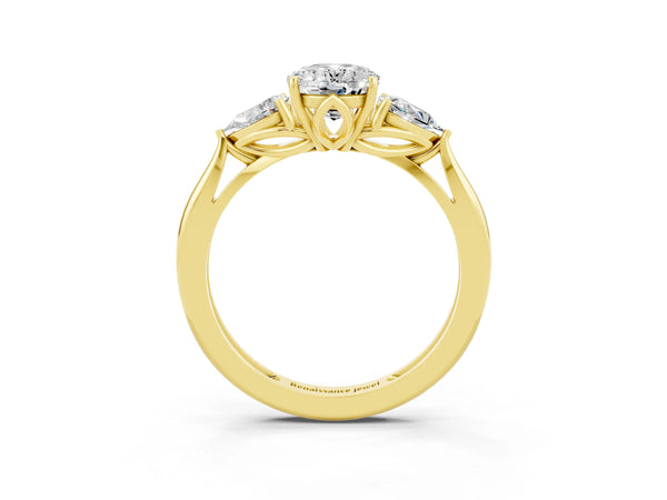 Yellow gold Three-Stone Oval Cut Moissanite Ring with Pear  Side Stones in Four-Prong Setting