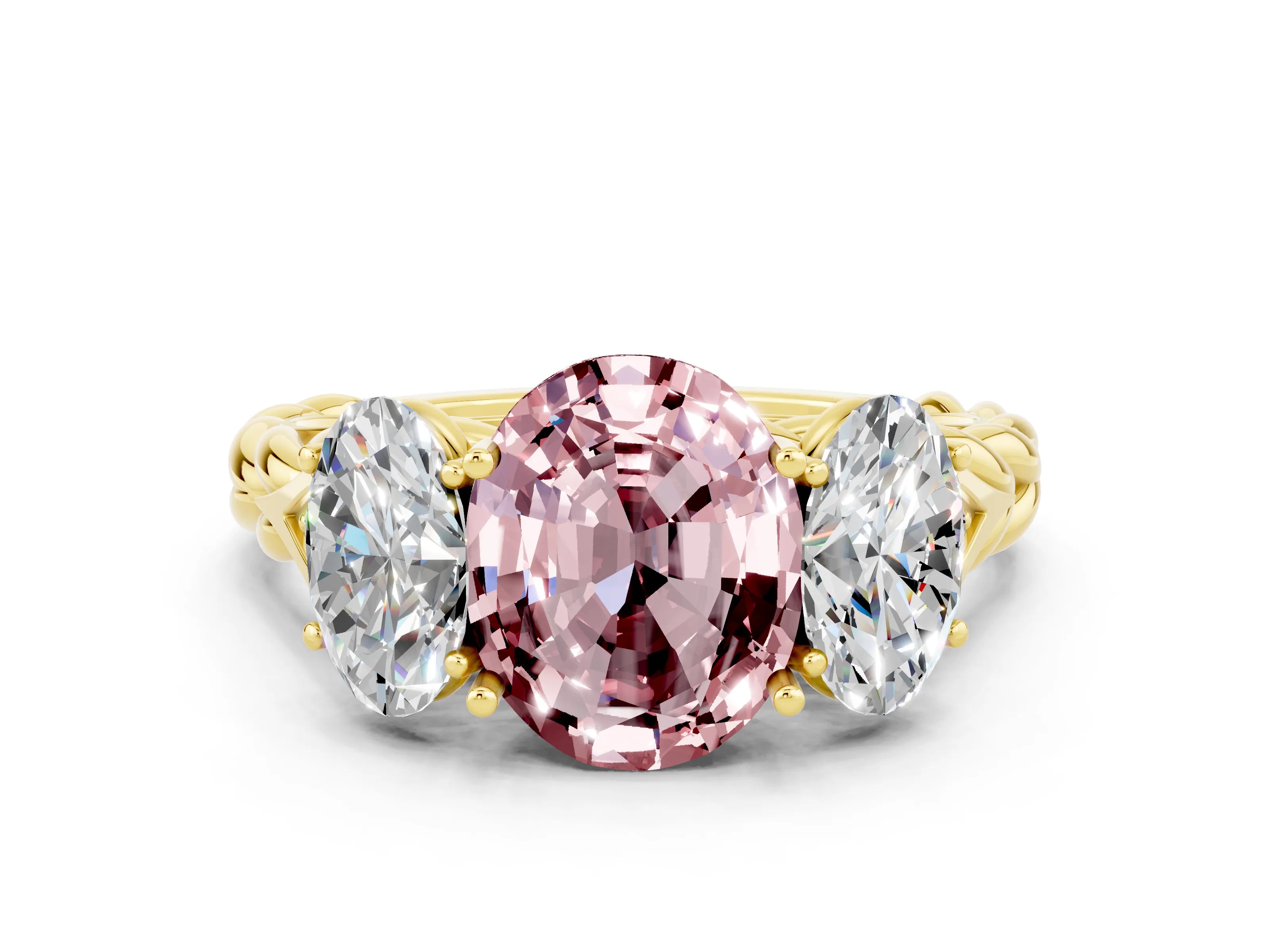 Yellow gold Three-Stone Oval Cut Morganite Braided Band Ring with Four-Prong Setting_12