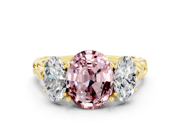 Yellow gold Three-Stone Oval Cut Morganite Braided Band Ring with Four-Prong Setting