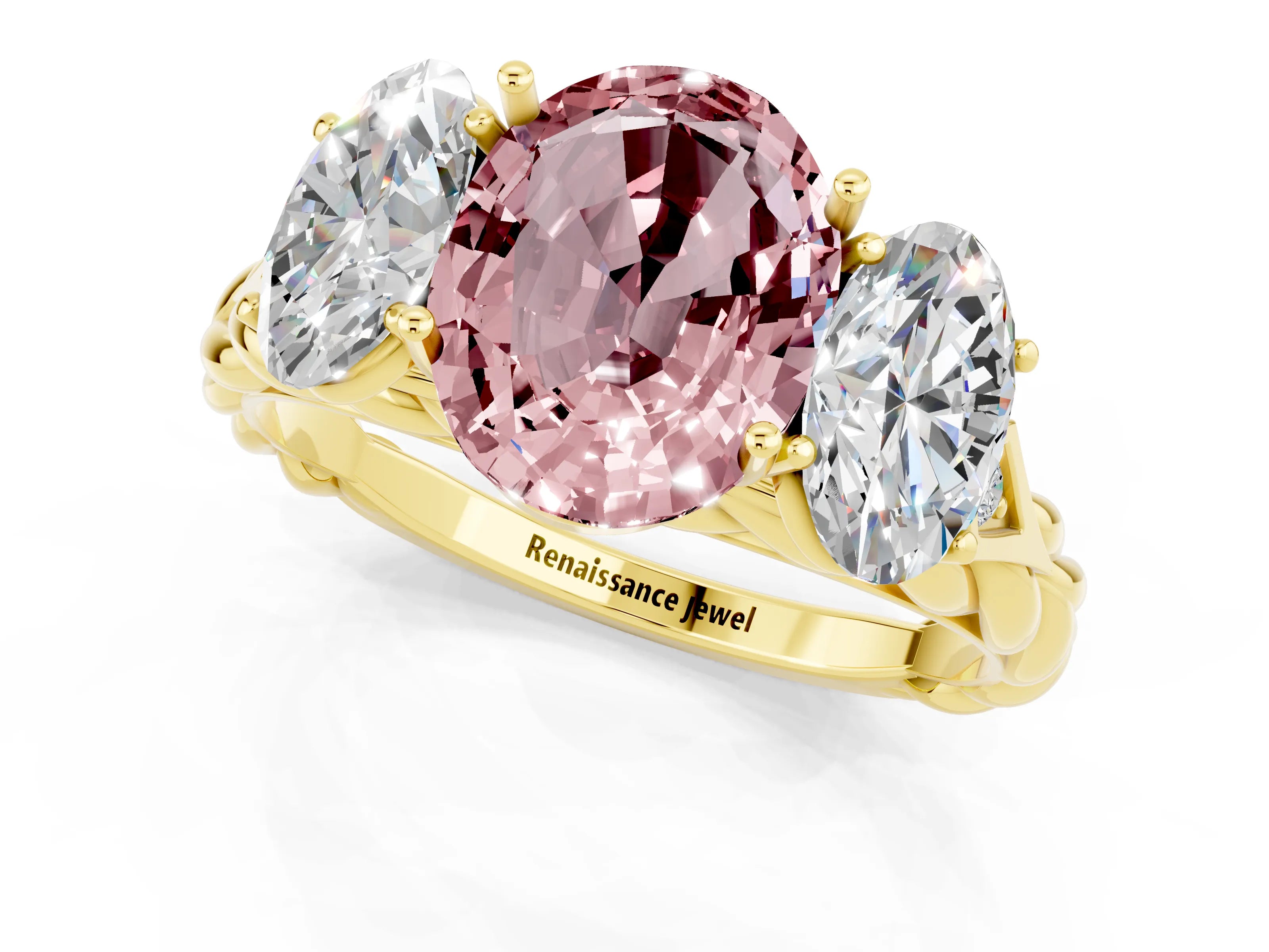 Yellow gold Three-Stone Oval Cut Morganite Braided Band Ring with Four-Prong Setting_13