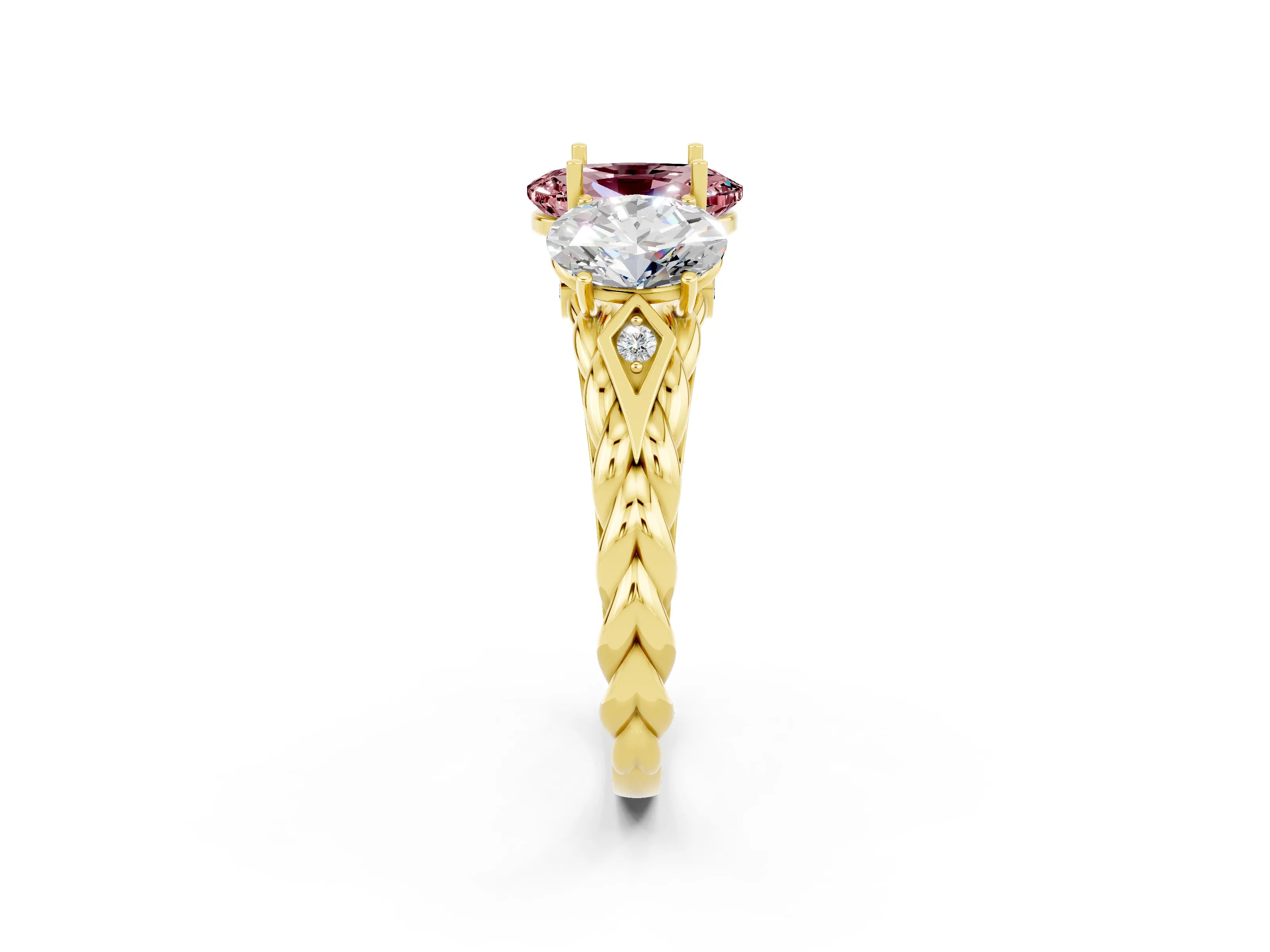 Yellow gold Three-Stone Oval Cut Morganite Braided Band Ring with Four-Prong Setting_14