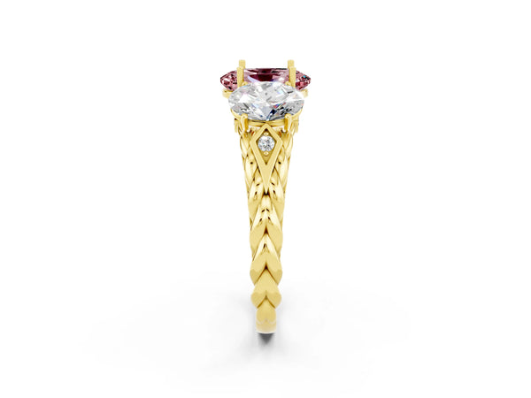 Yellow gold Three-Stone Oval Cut Morganite Braided Band Ring with Four-Prong Setting