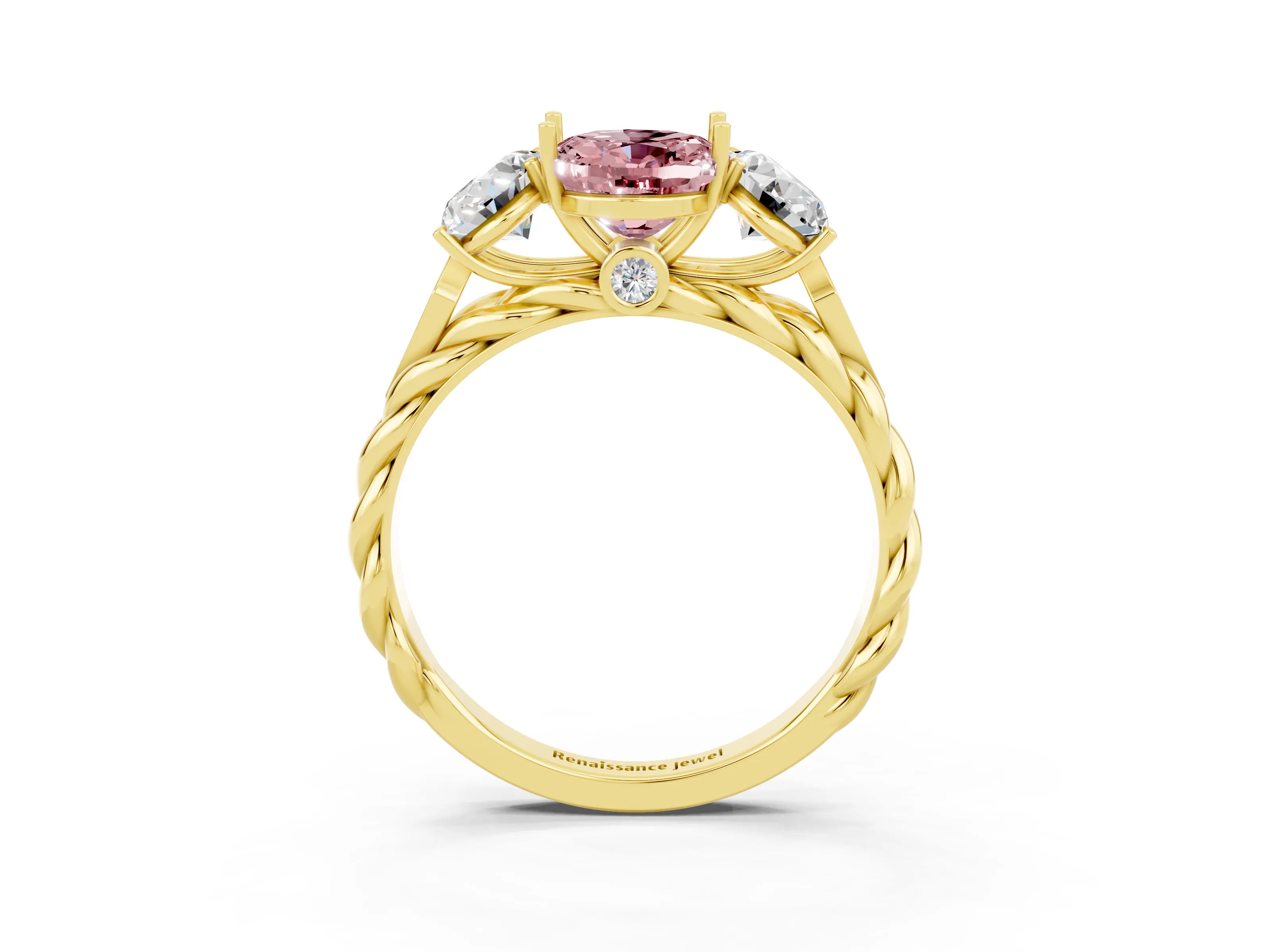 Yellow gold Three-Stone Oval Cut Morganite Braided Band Ring with Four-Prong Setting_15