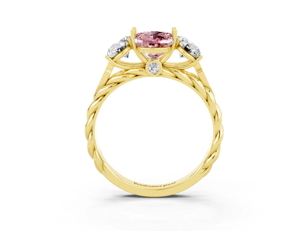 Yellow gold Three-Stone Oval Cut Morganite Braided Band Ring with Four-Prong Setting