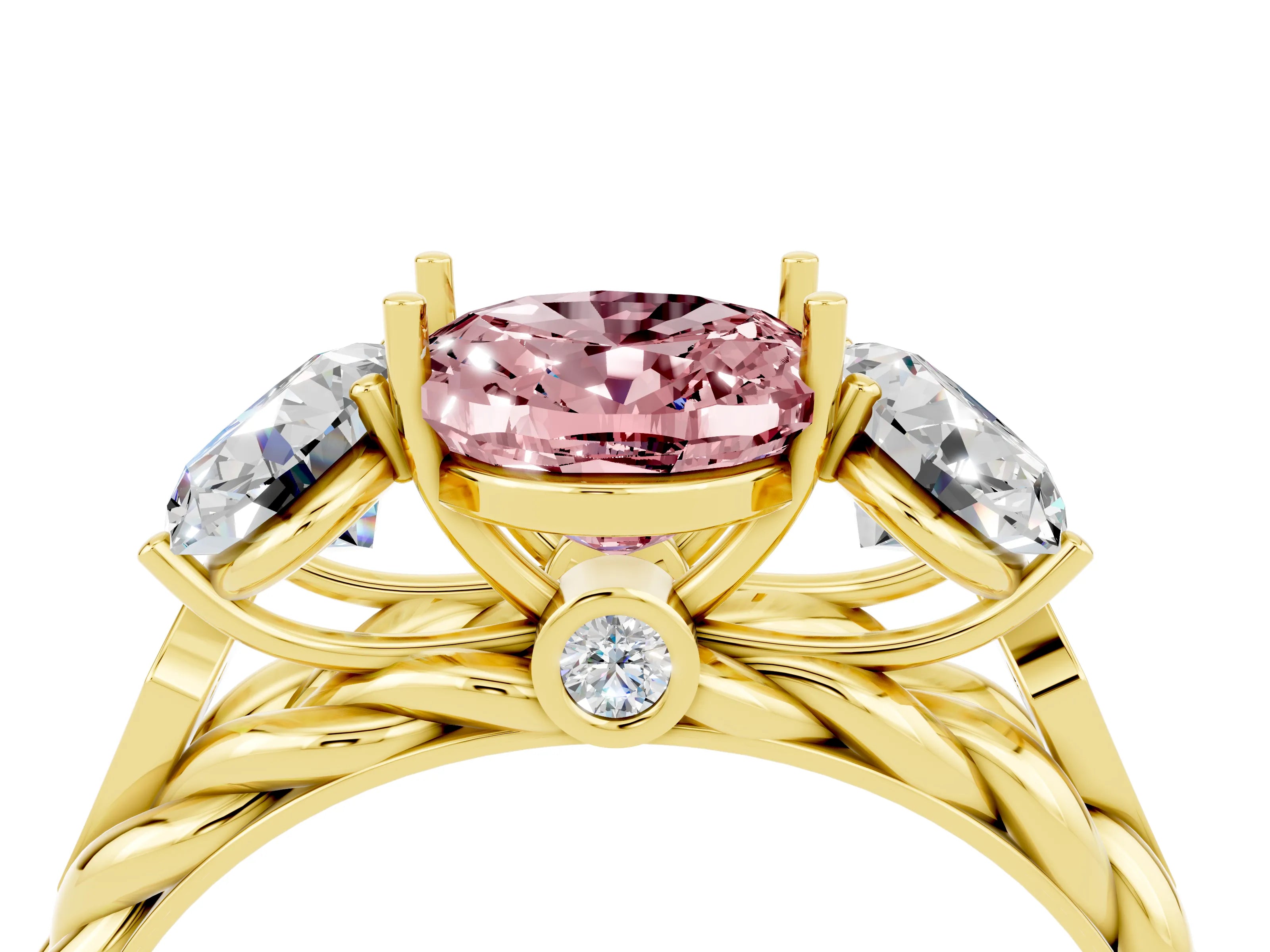 Yellow gold Three-Stone Oval Cut Morganite Braided Band Ring with Four-Prong Setting_16