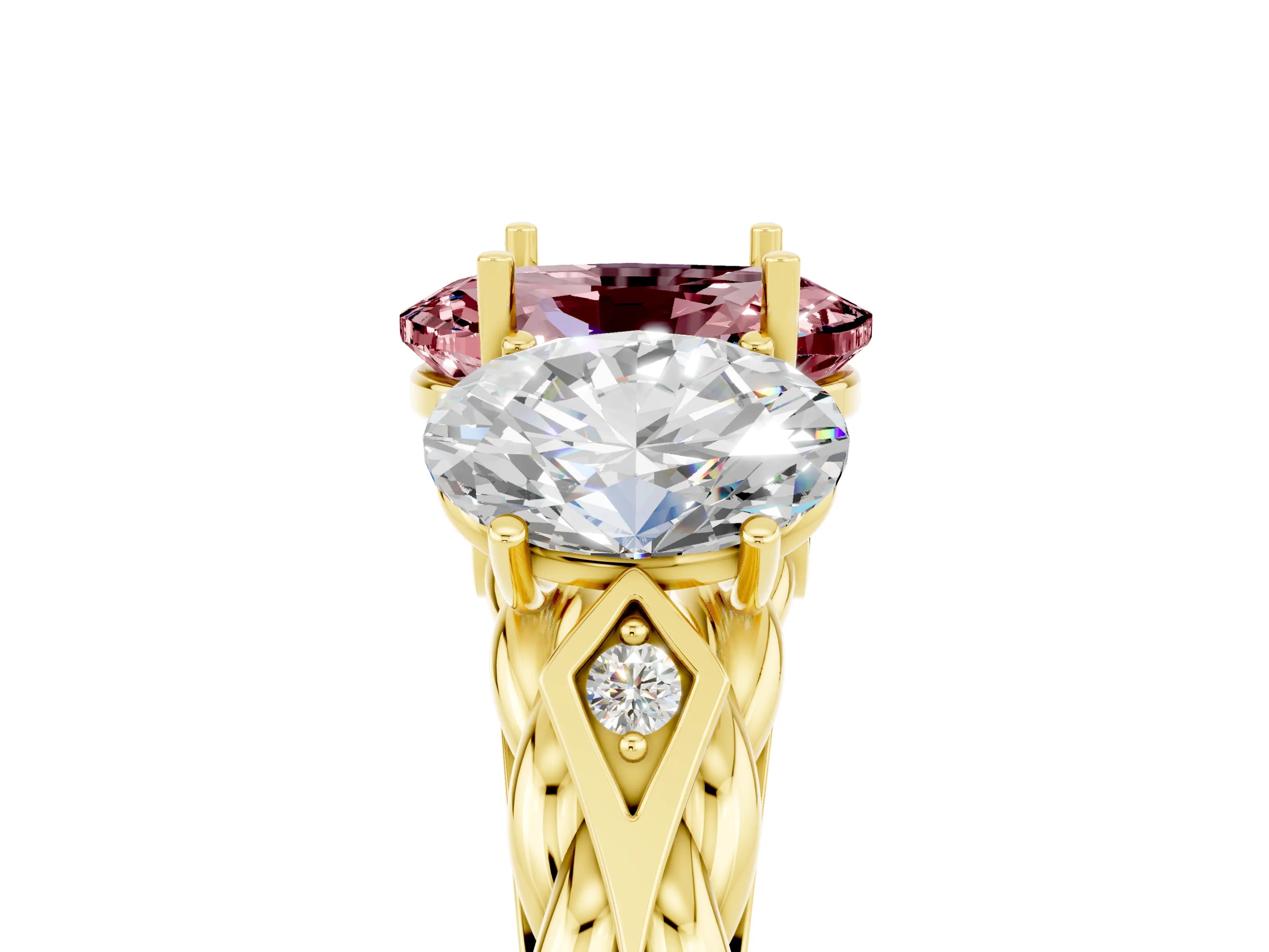 Yellow gold Three-Stone Oval Cut Morganite Braided Band Ring with Four-Prong Setting_17