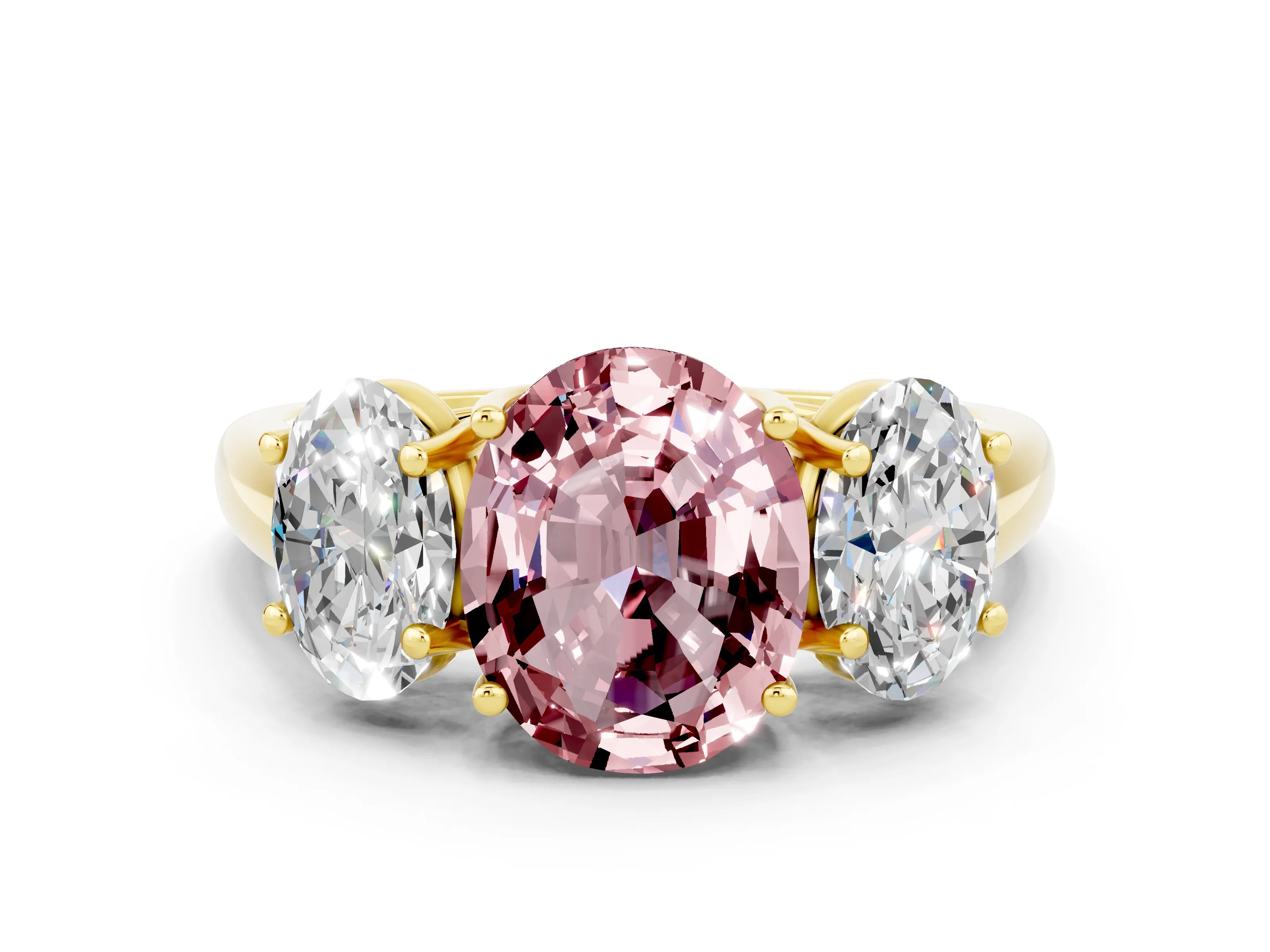 Yellow gold Three-Stone Oval Cut Morganite Engagement Ring with Prong Setting