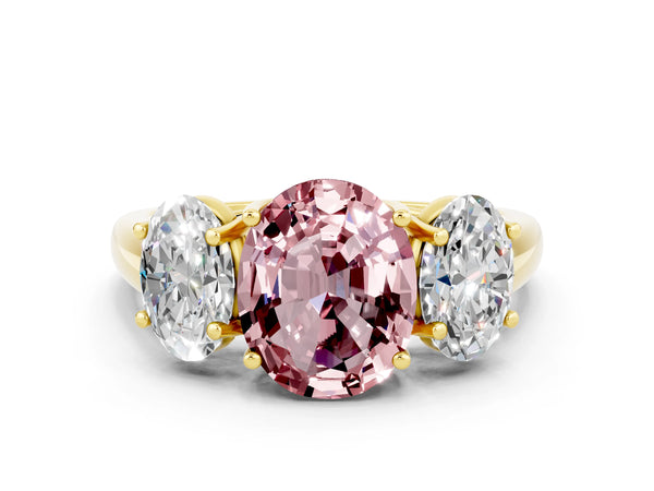 Yellow gold Three-Stone Oval Cut Morganite Engagement Ring with Prong Setting
