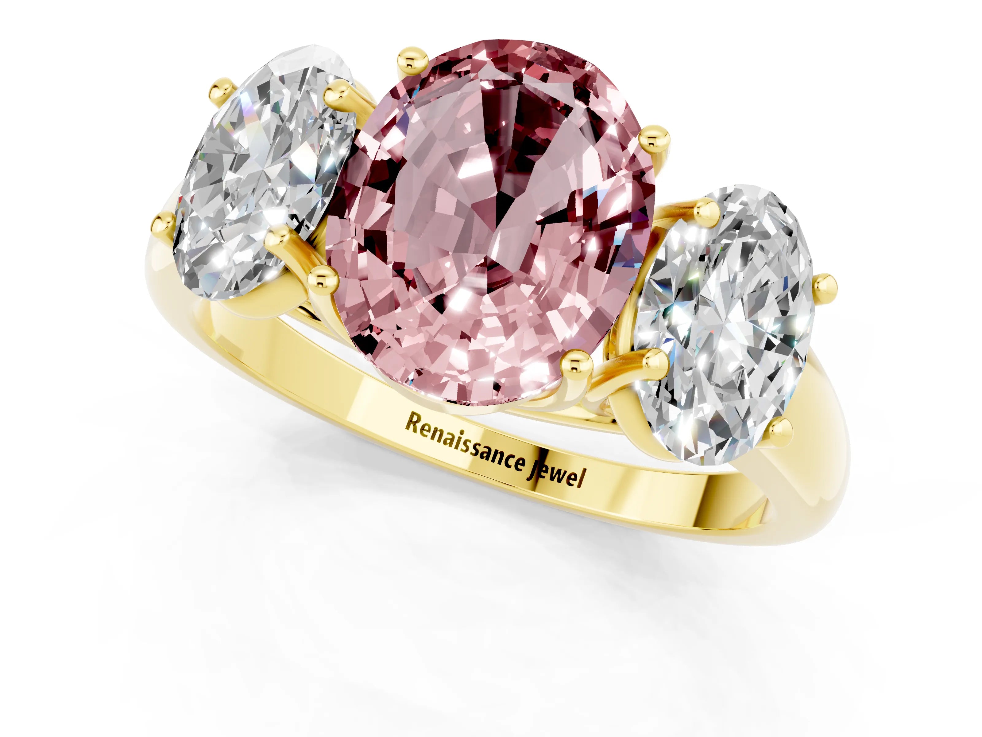 Yellow gold Three-Stone Oval Cut Morganite Engagement Ring with Prong Setting_1