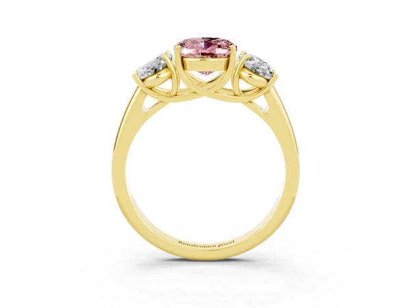Yellow gold Three-Stone Oval Cut Morganite Engagement Ring with Prong Setting