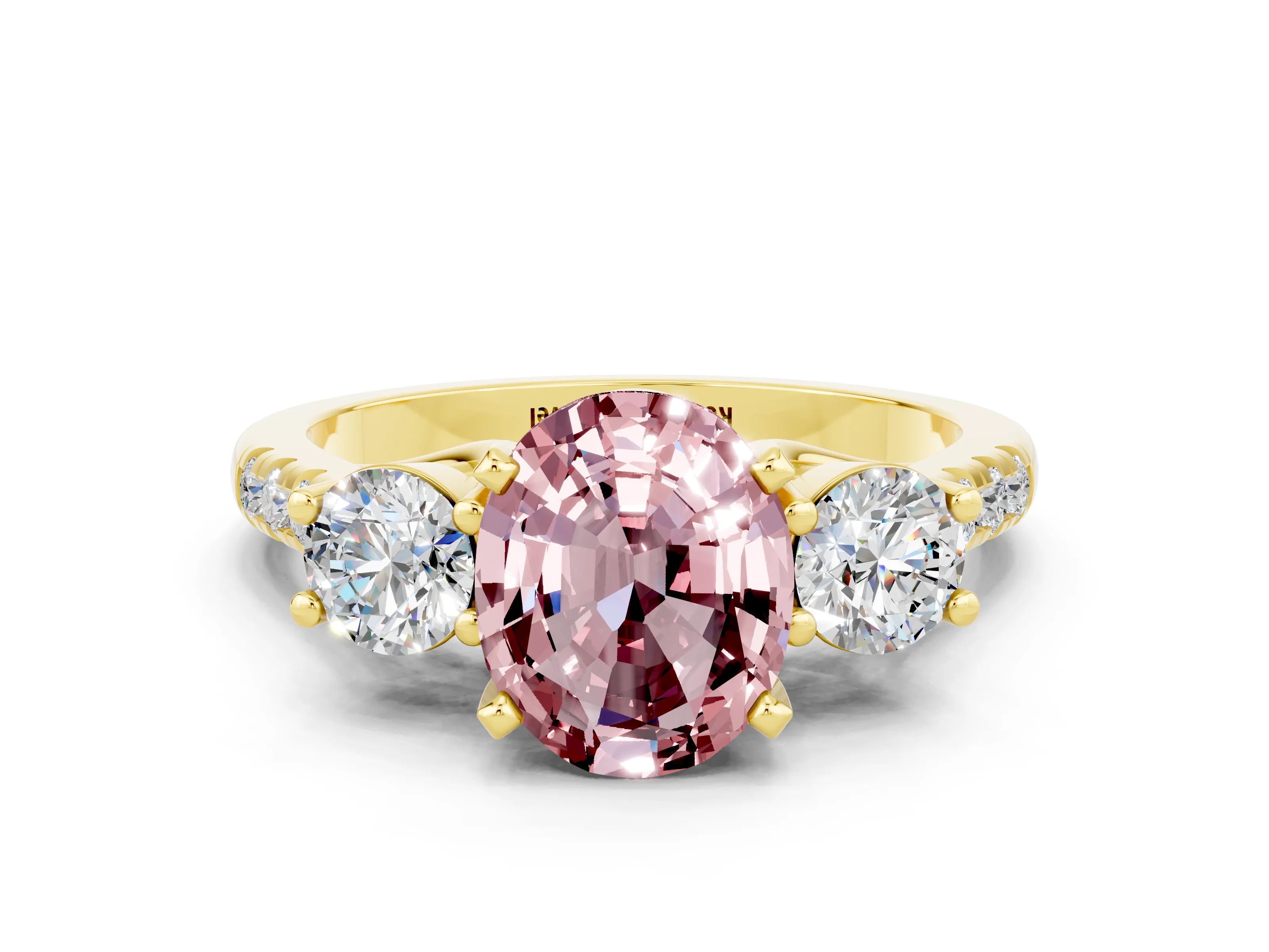 Yellow gold Three-Stone Oval Cut Morganite Pavé Band with Four-Prong Setting