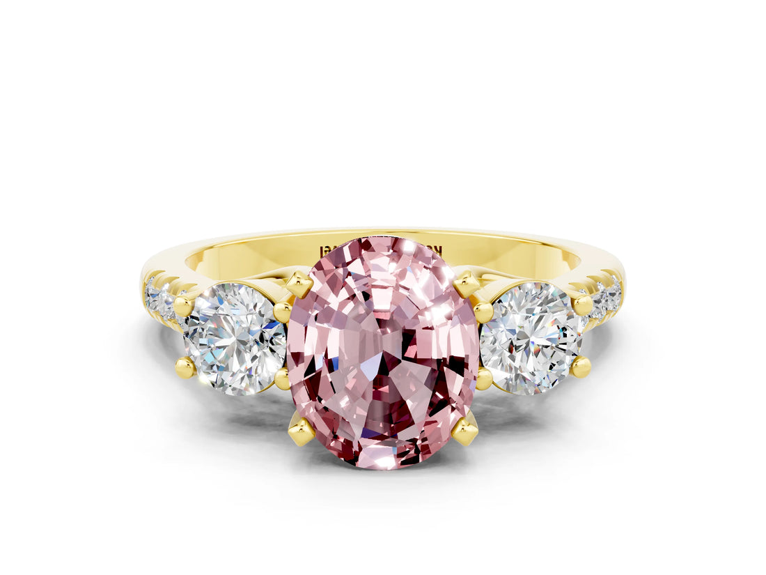 Yellow gold Three-Stone Oval Cut Morganite Pavé Band with Four-Prong Setting