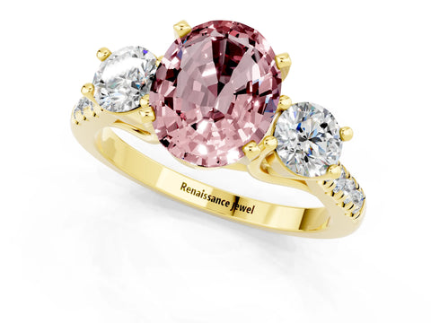 Yellow gold Three-Stone Oval Cut Morganite Pavé Band with Four-Prong Setting_1