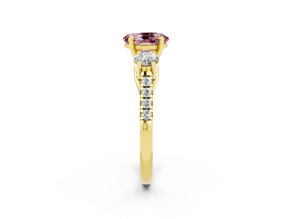 Yellow gold Three-Stone Oval Cut Morganite Pavé Band with Four-Prong Setting