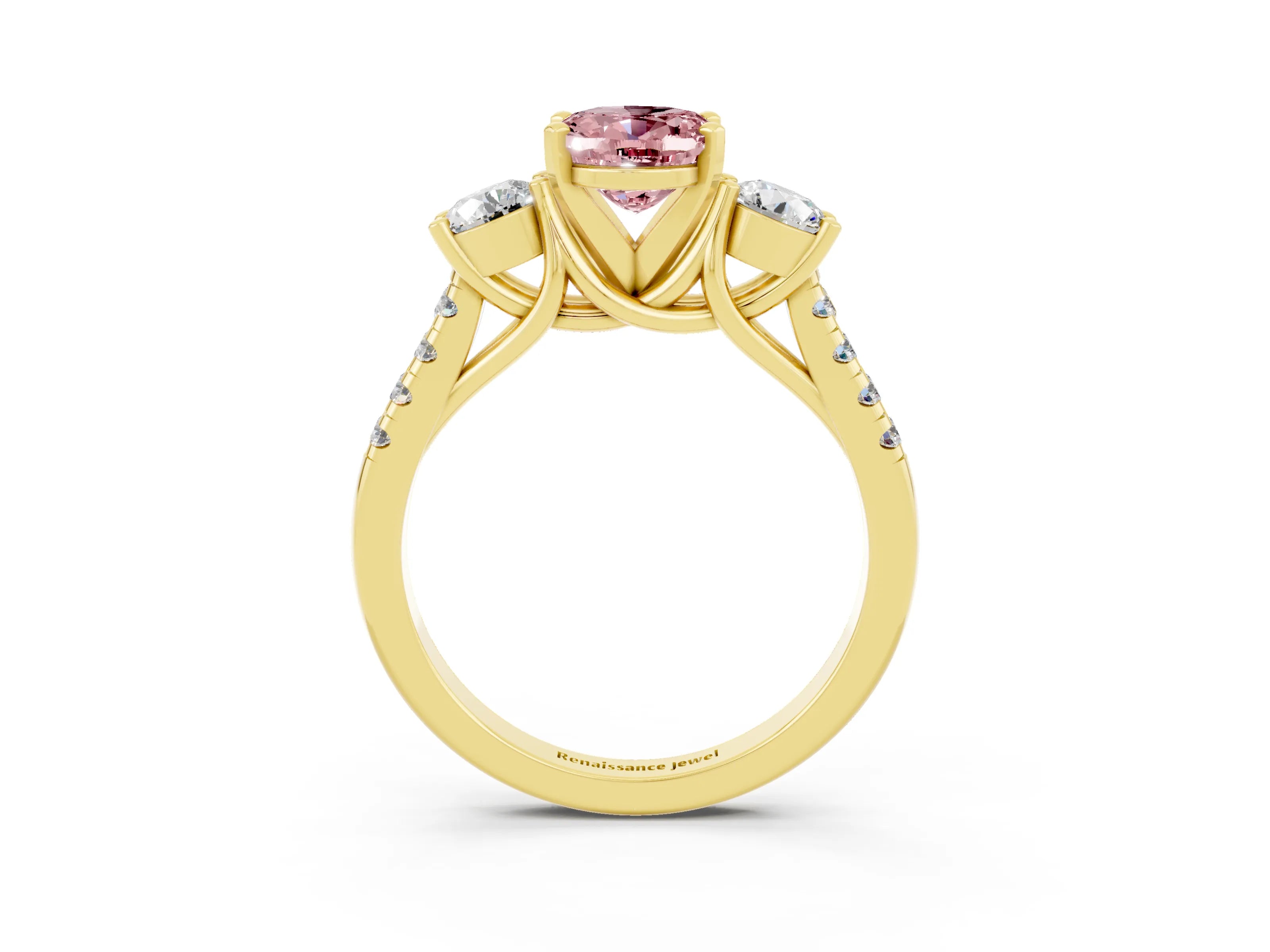 Yellow gold Three-Stone Oval Cut Morganite Pavé Band with Four-Prong Setting_3