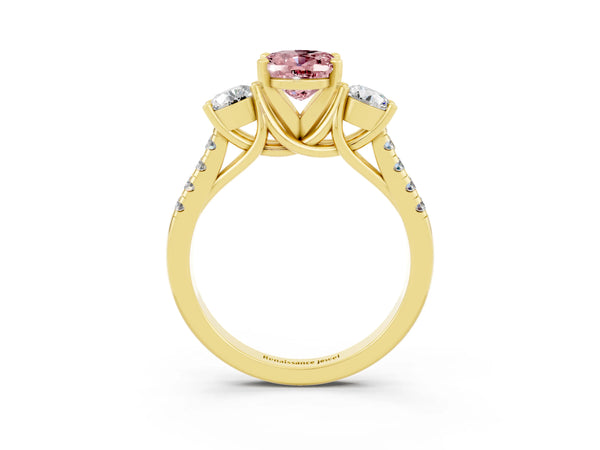 Yellow gold Three-Stone Oval Cut Morganite Pavé Band with Four-Prong Setting