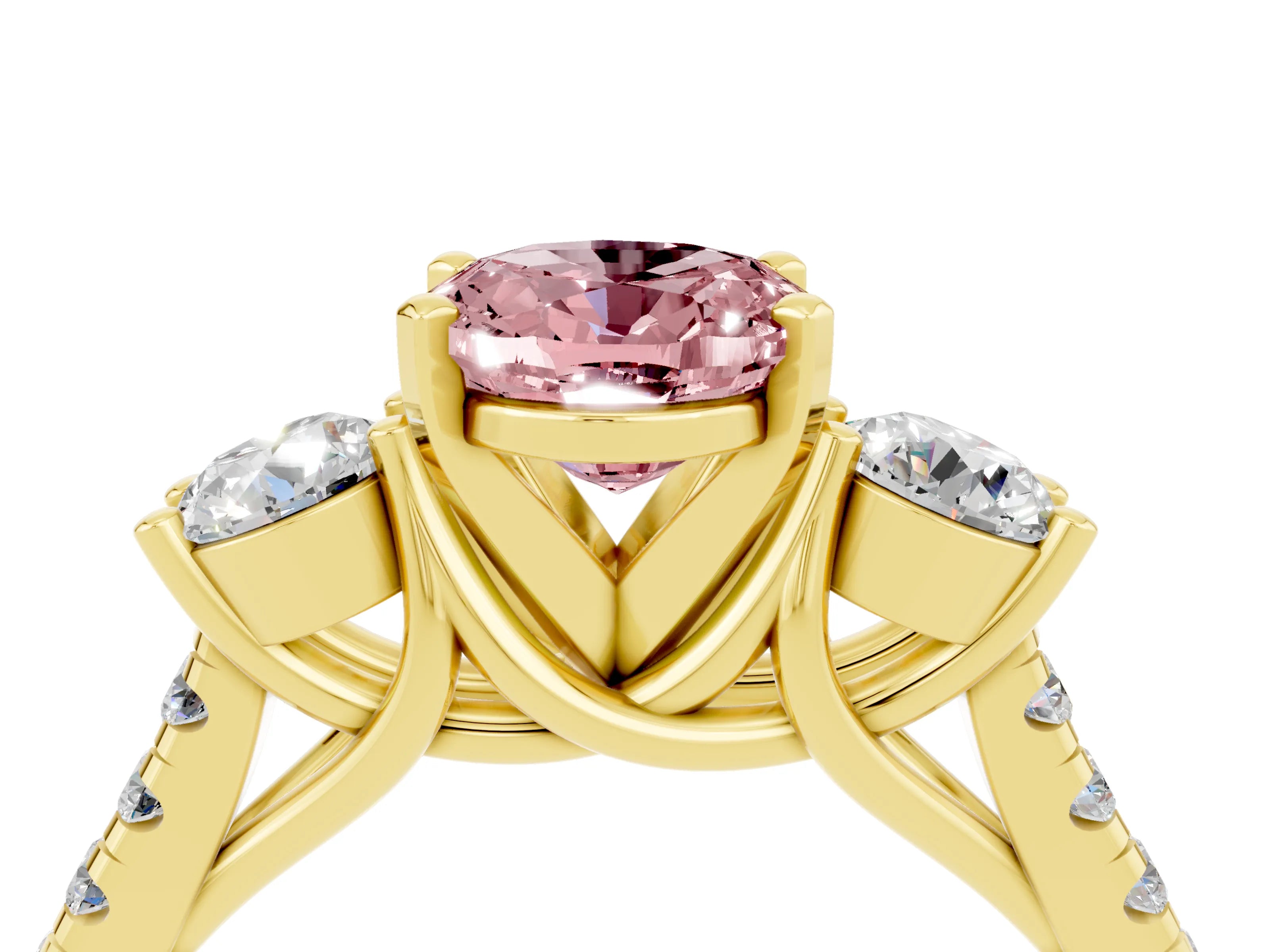 Yellow gold Three-Stone Oval Cut Morganite Pavé Band with Four-Prong Setting_4