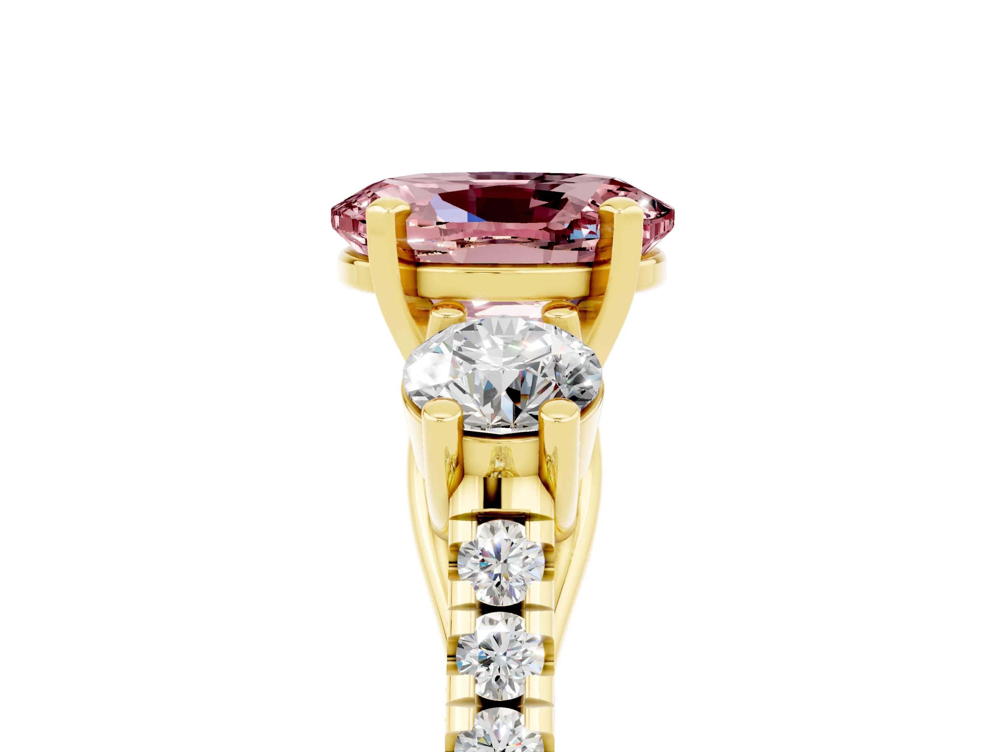 Yellow gold Three-Stone Oval Cut Morganite Pavé Band with Four-Prong Setting_5