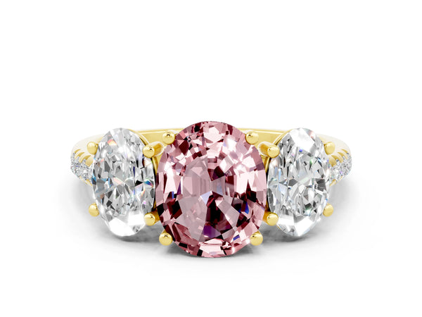 Yellow gold Three-Stone Oval Cut Morganite Ring with Round  Pavé Band and Prong Setting