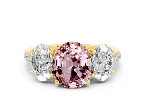 Yellow gold Three-Stone Oval Cut Morganite Ring with Pavé Band and Prong Setting_12