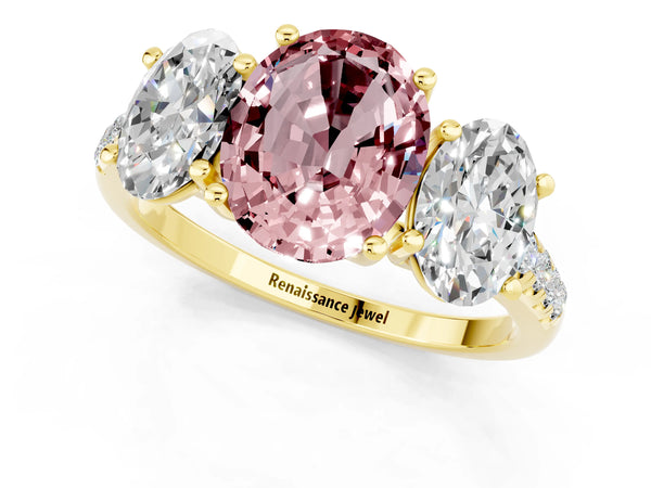Yellow gold Three-Stone Oval Cut Morganite Ring with Round  Pavé Band and Prong Setting